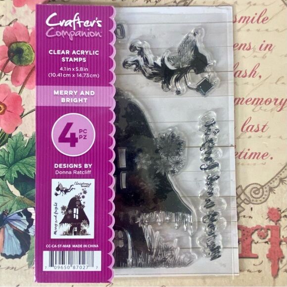 Crafter's Companion Clear A6 Acrylic Stamps Merry & Bright 4 PC Donna Ratcliff - Picture 1 of 5